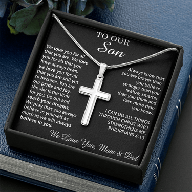 to our son necklace from mom and dad, we love you for all that you are stainless steel cross necklace